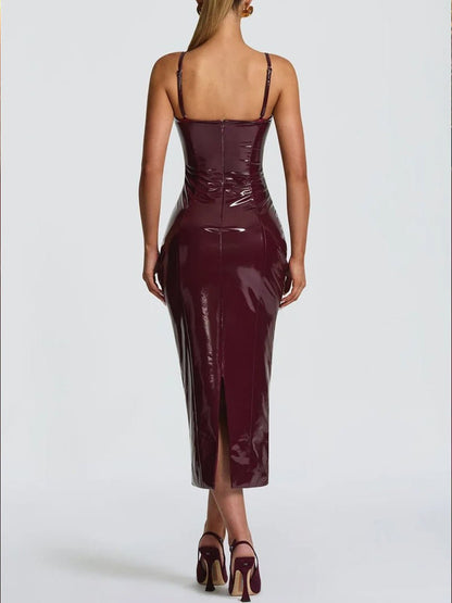Red Strapless Patent Bustier Bodycon Midi Dress