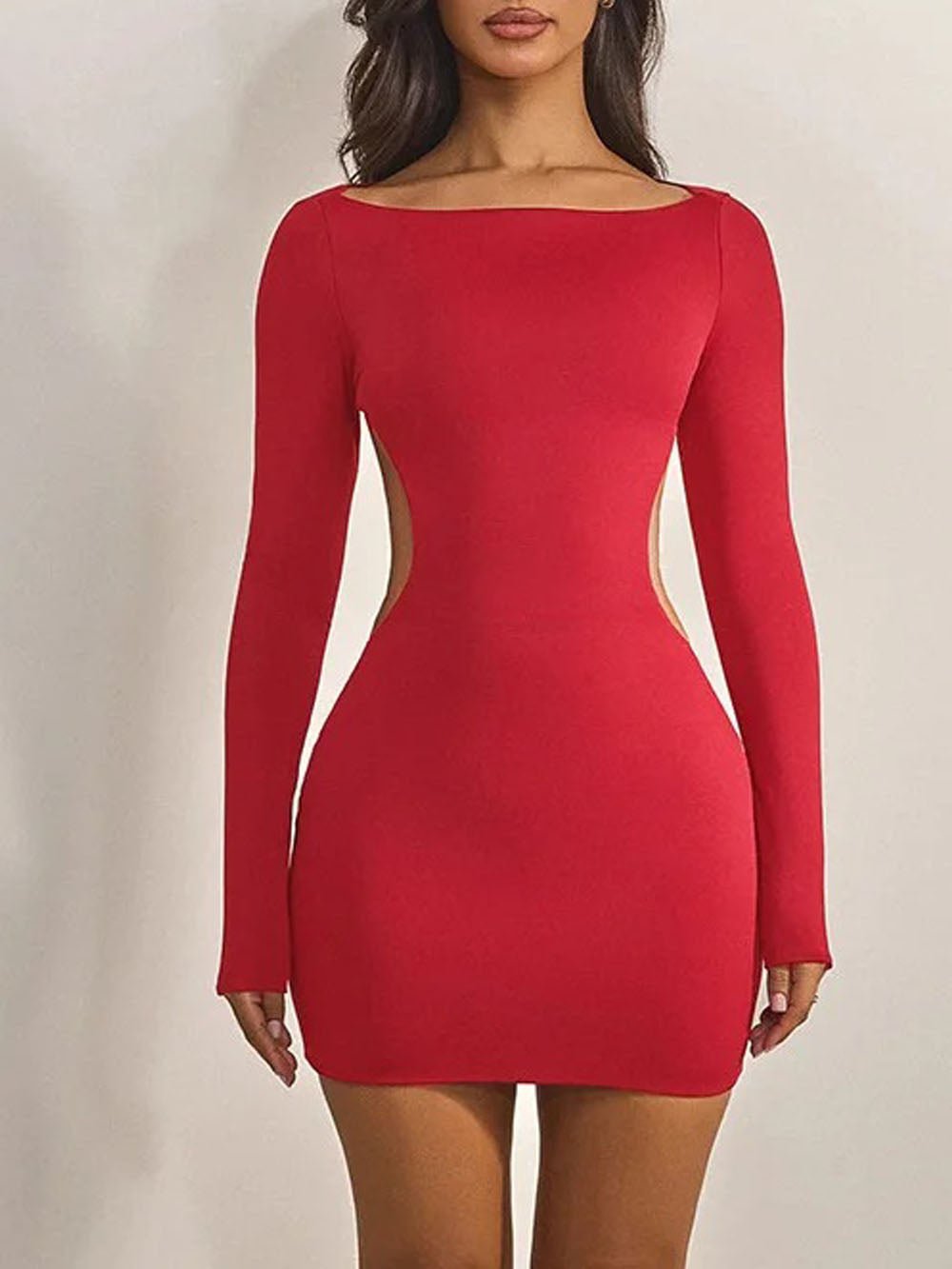 Red Long Sleeve Boat Neck Side Cut Out Bodycon Mini Dress