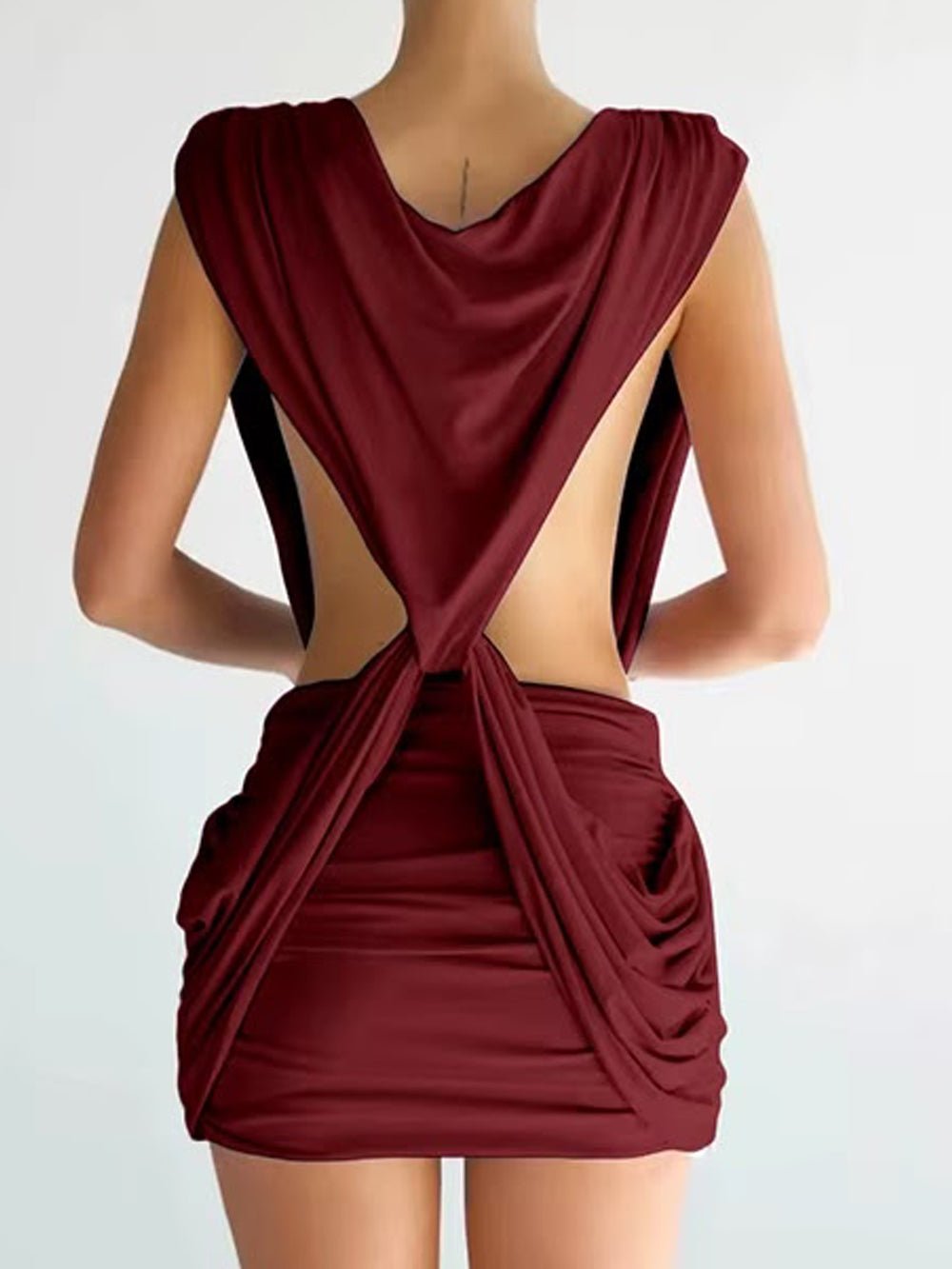 Red Knit Deep V-Neck Sleeveless Draped Knot Ruched Bodycon Mini Dress