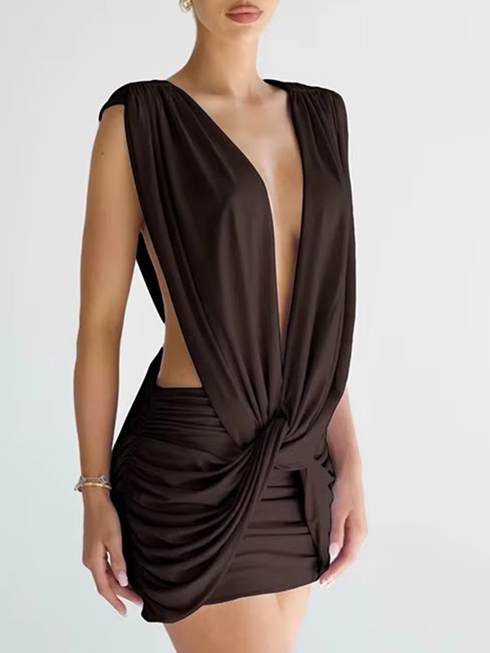 Brown Knit Deep V-Neck Sleeveless Draped Knot Ruched Bodycon Mini Dress