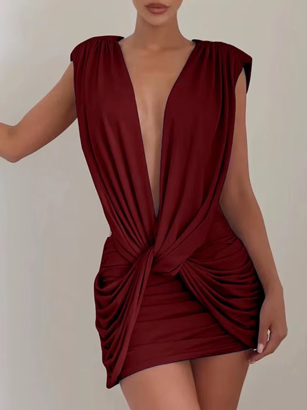 Red Knit Deep V-Neck Sleeveless Draped Knot Ruched Bodycon Mini Dress