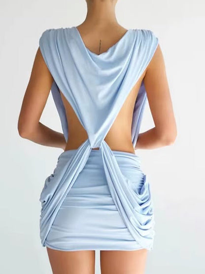 Blue Deep V-Neck Sleeveless Twist Knot Front Ruched Bodycon Mini Dress