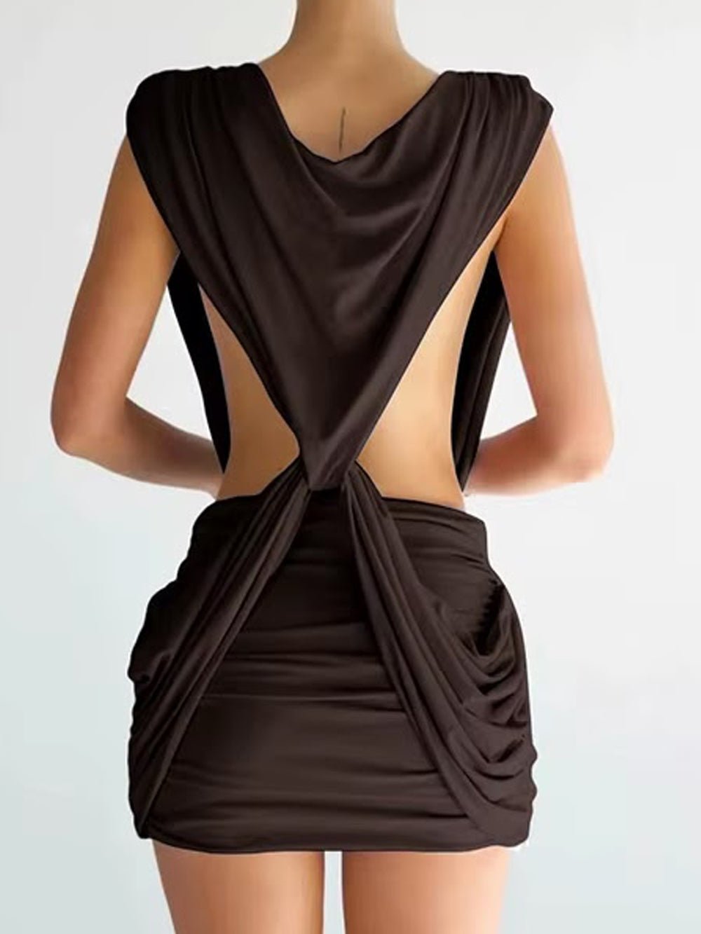 Brown Knit Deep V-Neck Sleeveless Draped Knot Ruched Bodycon Mini Dress