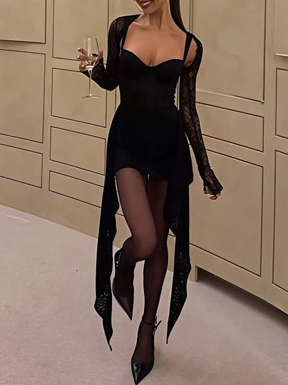 Black Lace Sleeve Sweetheart Bodycon Side Train Mini Dress