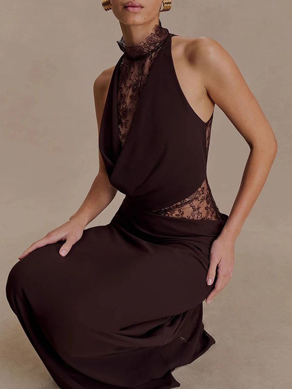 Brown Lace Halter Collar Cowl Neck Cut Out Waist Maxi Gown