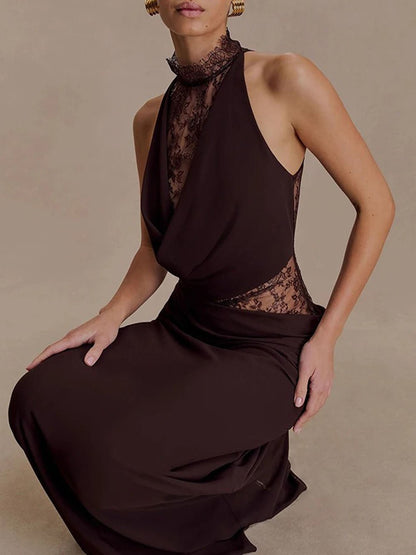 Brown Lace Halter Collar Cowl Neck Cut Out Waist Maxi Gown