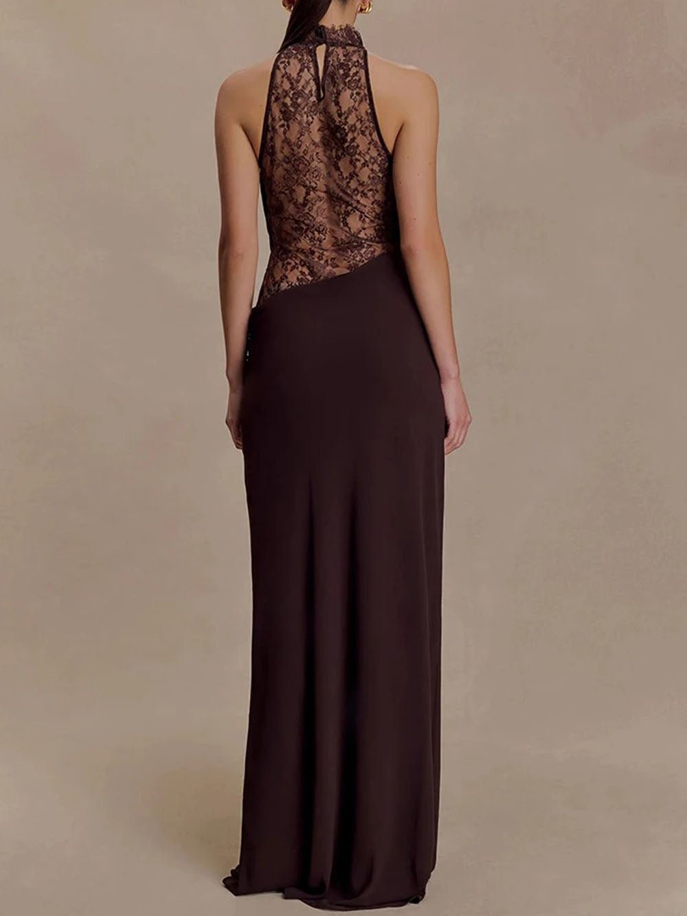 Brown Lace Halter Collar Cowl Neck Cut Out Waist Maxi Gown