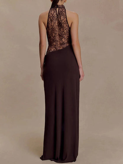Brown Lace Halter Collar Cowl Neck Cut Out Waist Maxi Gown