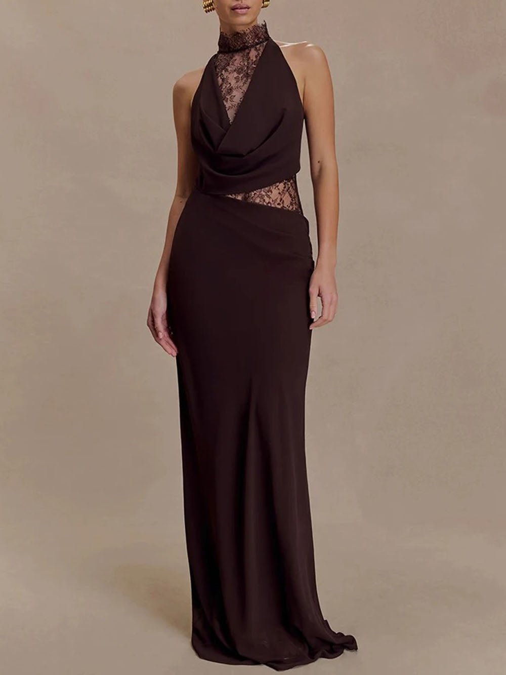 Brown Lace Halter Collar Cowl Neck Cut Out Waist Maxi Gown