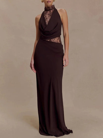 Brown Lace Halter Collar Cowl Neck Cut Out Waist Maxi Gown