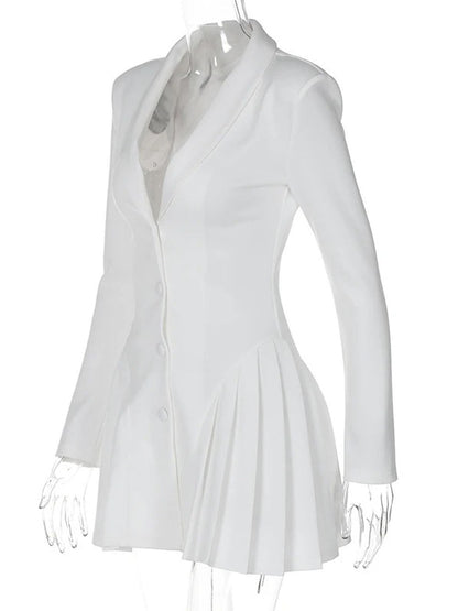 Single Breasted Deep V-Neck Structured Shoulder Pleated Blazer Mini Dress