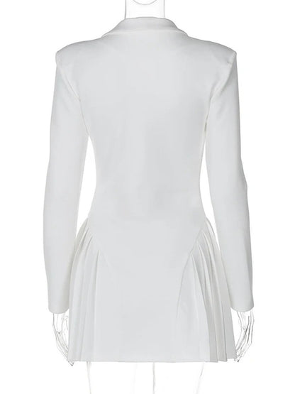 Single Breasted Deep V-Neck Structured Shoulder Pleated Blazer Mini Dress