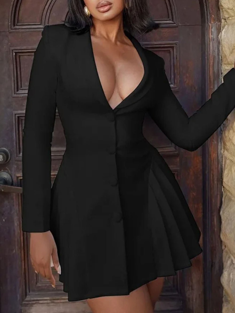 Single Breasted Deep V-Neck Structured Shoulder Pleated Blazer Mini Dress