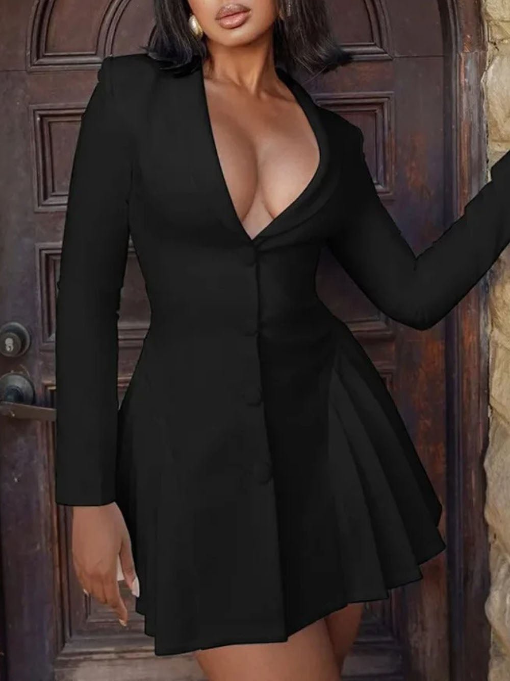 Single Breasted Deep V-Neck Structured Shoulder Pleated Blazer Mini Dress