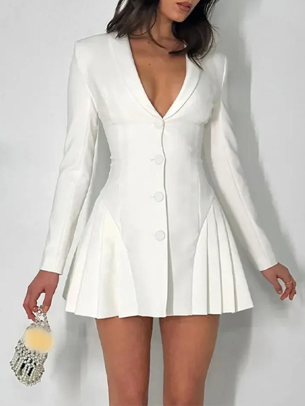 Single Breasted Deep V-Neck Structured Shoulder Pleated Blazer Mini Dress