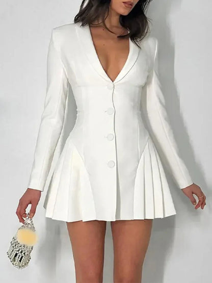 Single Breasted Deep V-Neck Structured Shoulder Pleated Blazer Mini Dress