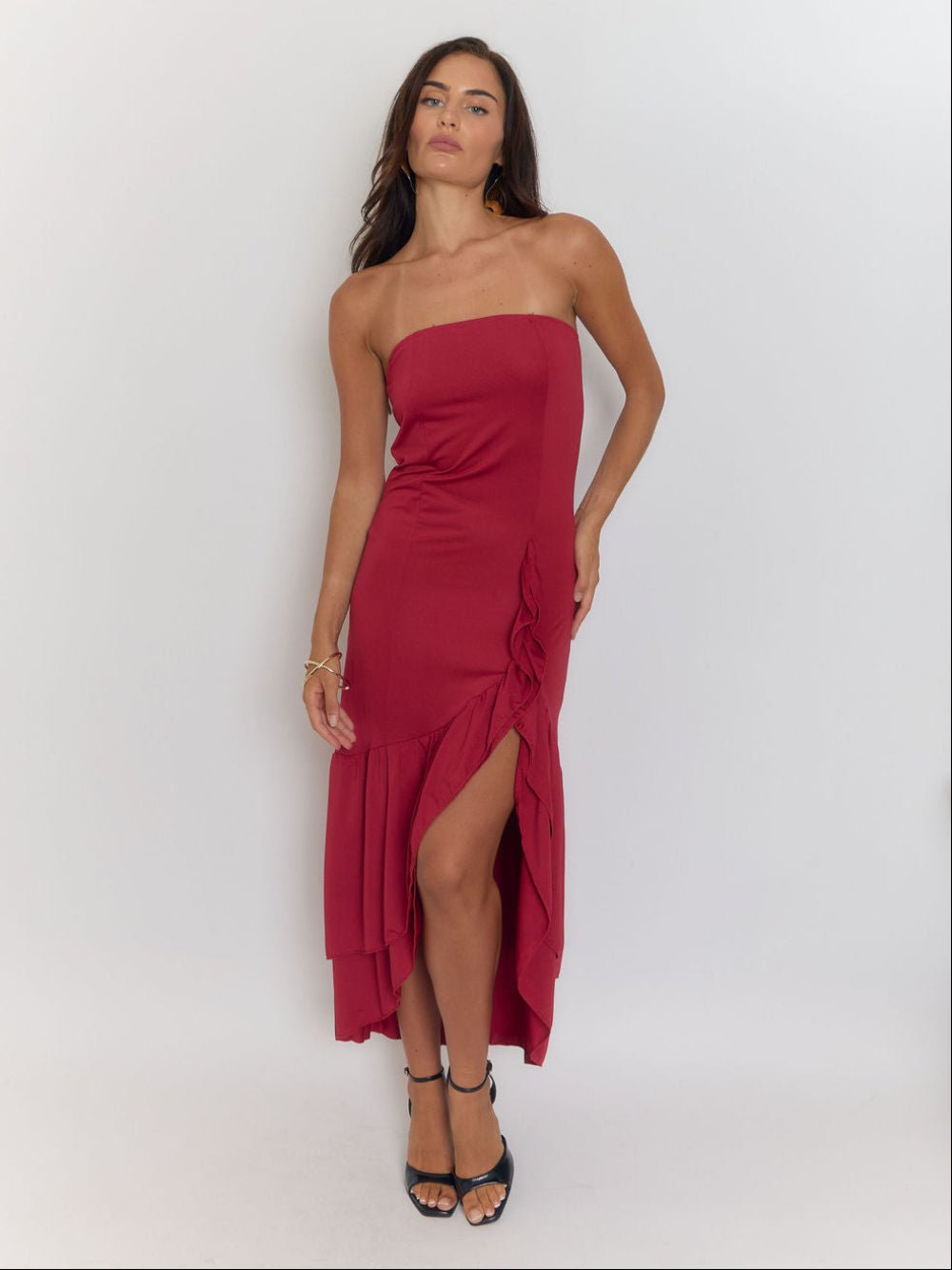 Red Strapless Ruffle Trim Asymmetric High Low High Split Maxi Dress