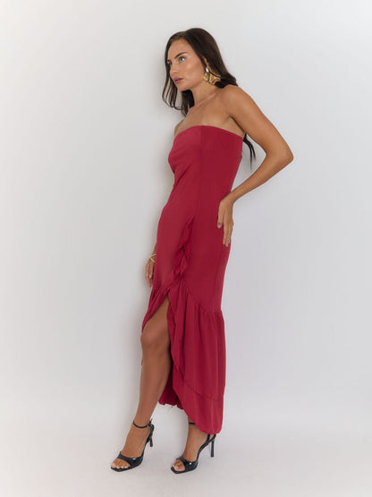 Red Strapless Ruffle Trim Asymmetric High Low High Split Maxi Dress