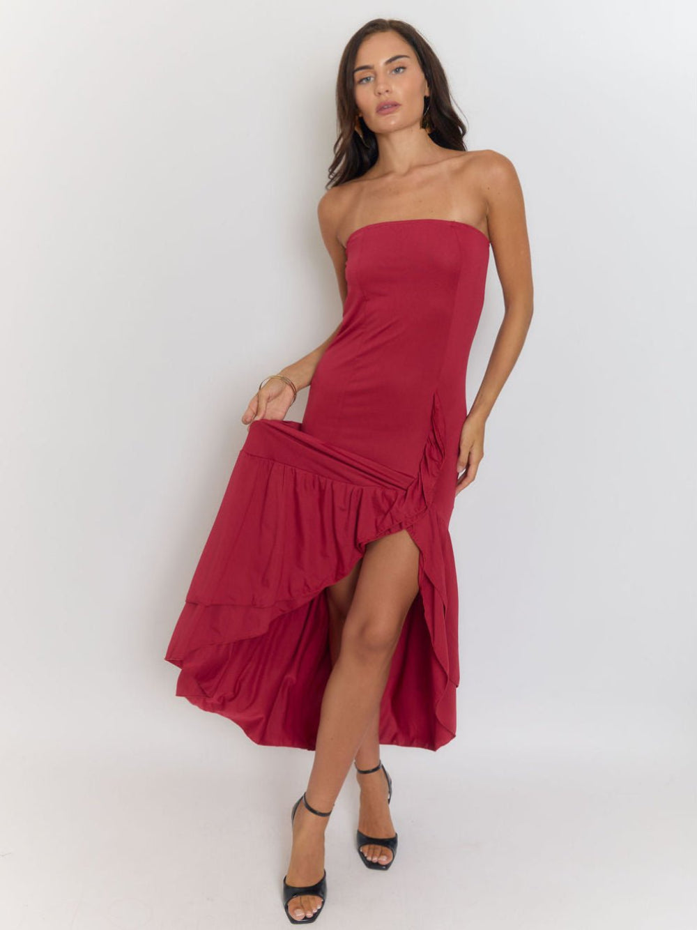 Red Strapless Ruffle Trim Asymmetric High Low High Split Maxi Dress