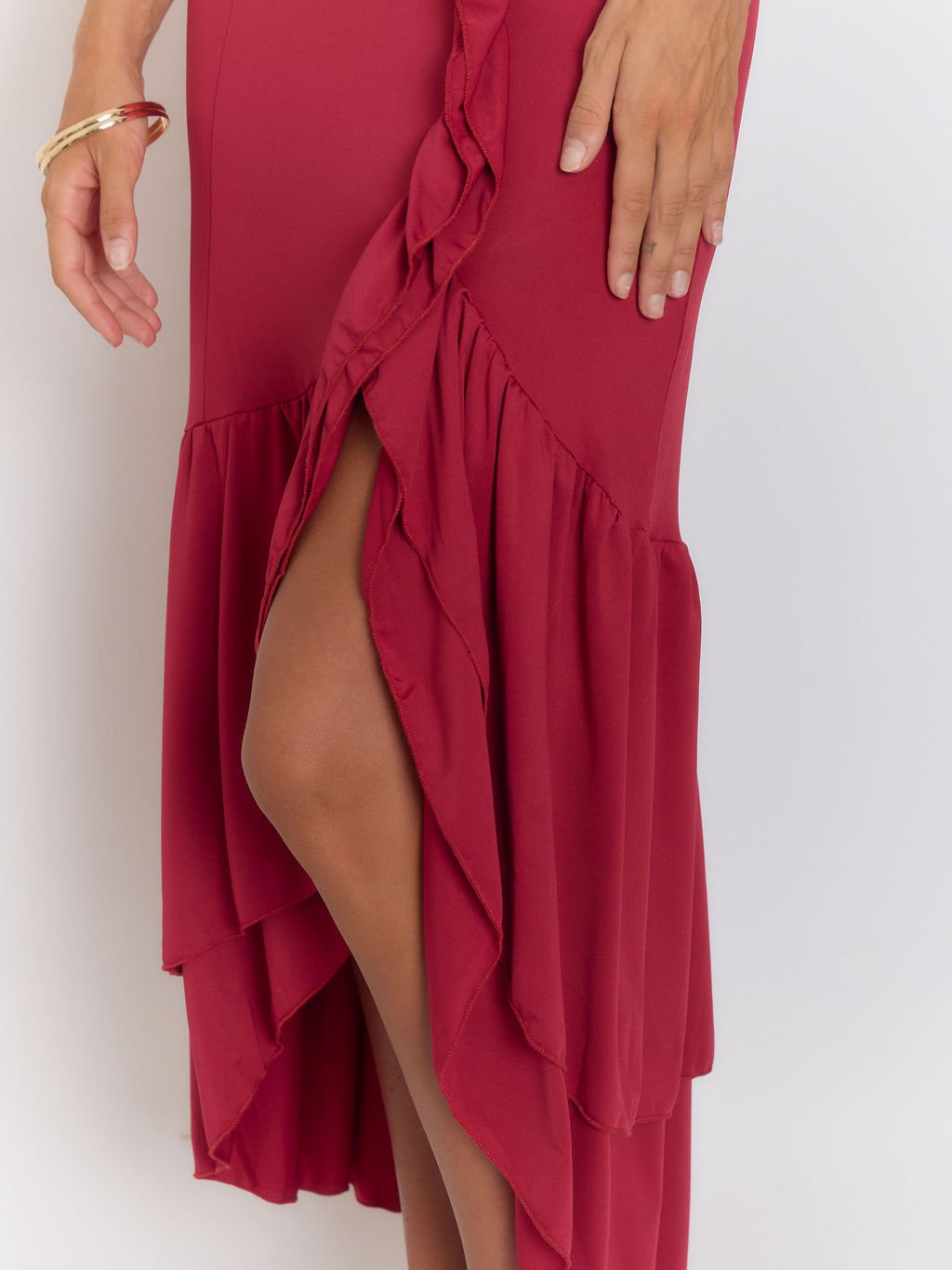 Red Strapless Ruffle Trim Asymmetric High Low High Split Maxi Dress
