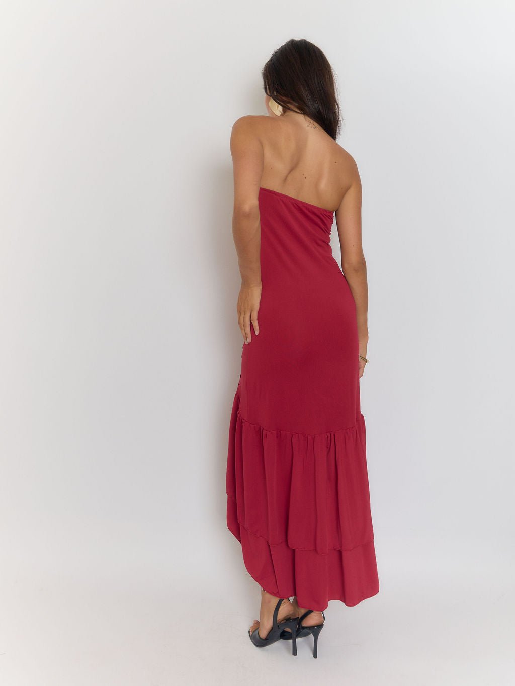 Red Strapless Ruffle Trim Asymmetric High Low High Split Maxi Dress