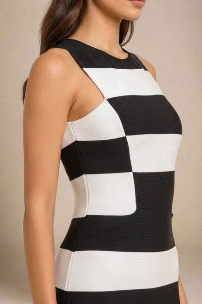 Classic Black Horizontal Stripe Mock Neck Sleeveless Bandage Bodycon Mini Dress
