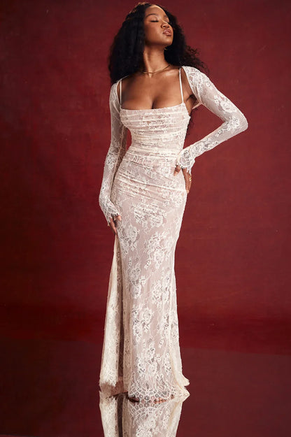 Vintage Cream White Charming Lace Maxi Dress