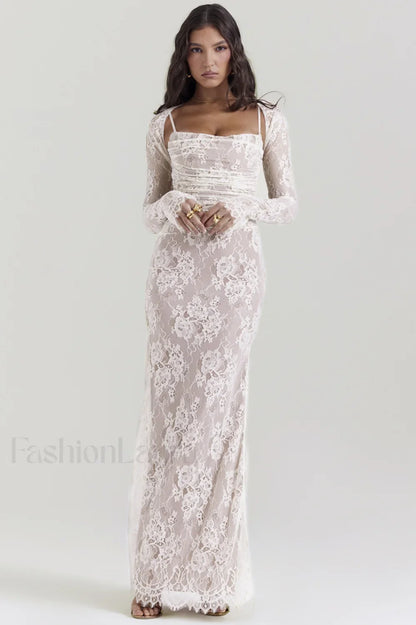 Vintage Cream White Charming Lace Maxi Dress