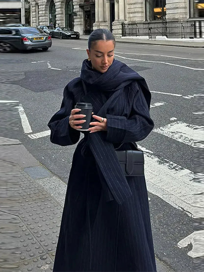 Vintage Striped Long Trench Coats Women Casual Loose Single Button Overcoats