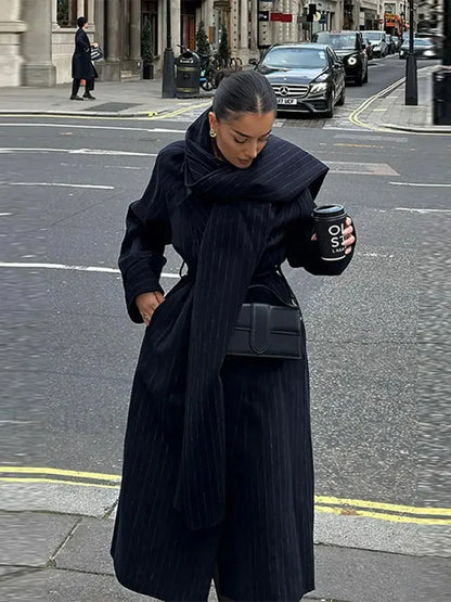 Vintage Striped Long Trench Coats Women Casual Loose Single Button Overcoats