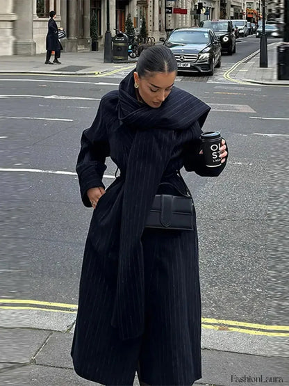 Vintage Striped Long Trench Coats Women Casual Loose Single Button Overcoats