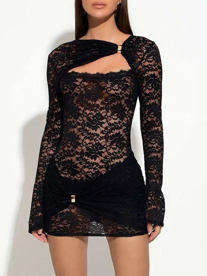 Black Lace Long Sleeve Keyhole Cut Out Buckle Detail Ruched Bodycon Mini Dress