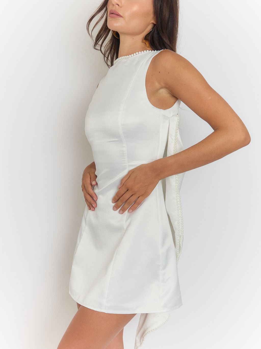 White Satin Pearl Trim Bow Back Drape Panel Mini Dress