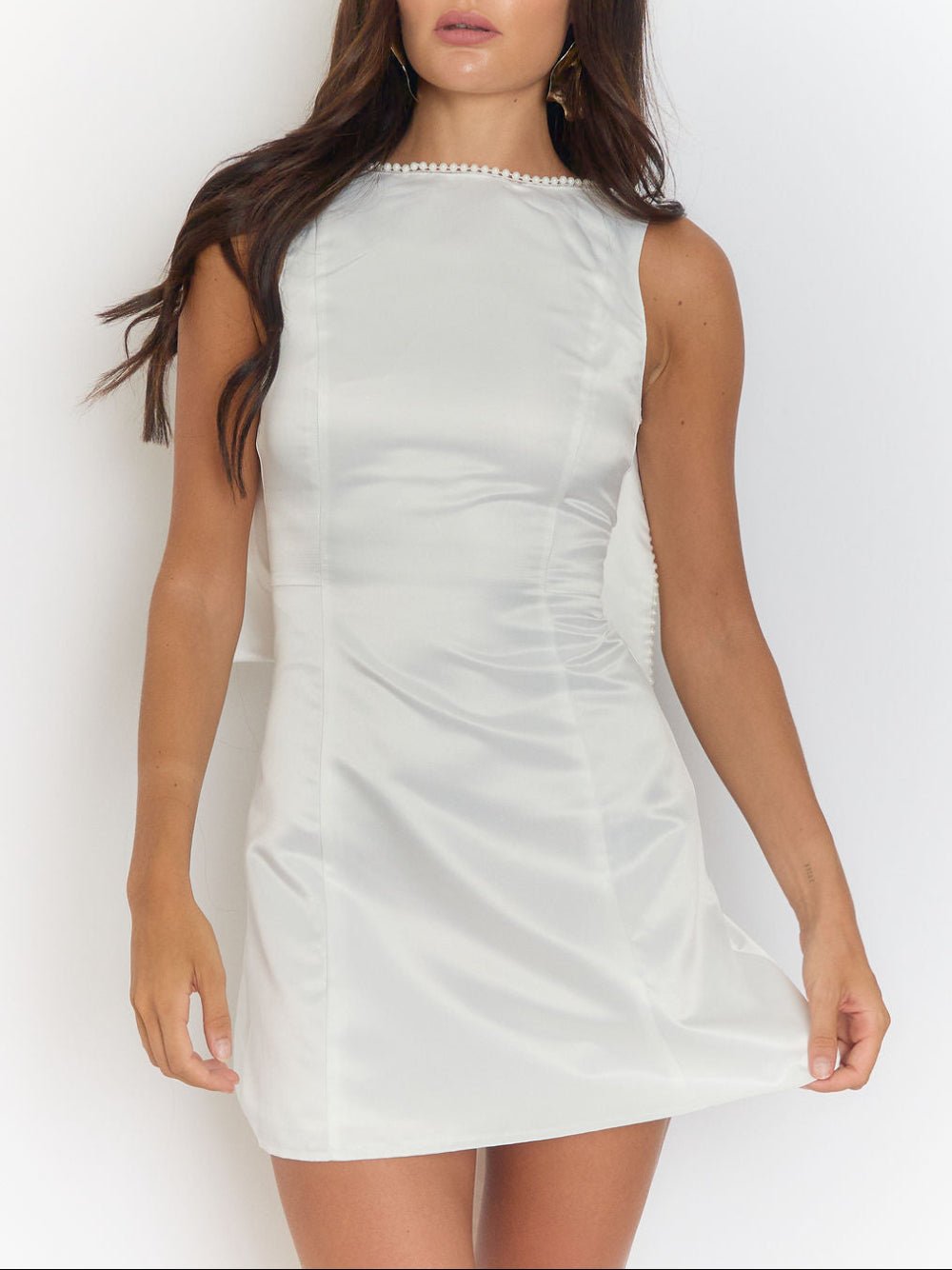 White Satin Pearl Trim Bow Back Drape Panel Mini Dress