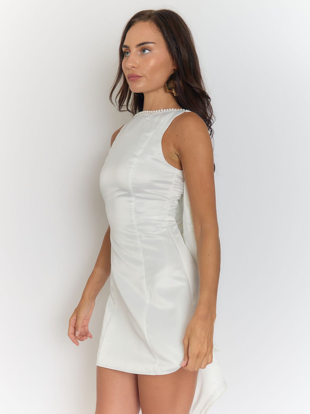 White Satin Pearl Trim Bow Back Drape Panel Mini Dress