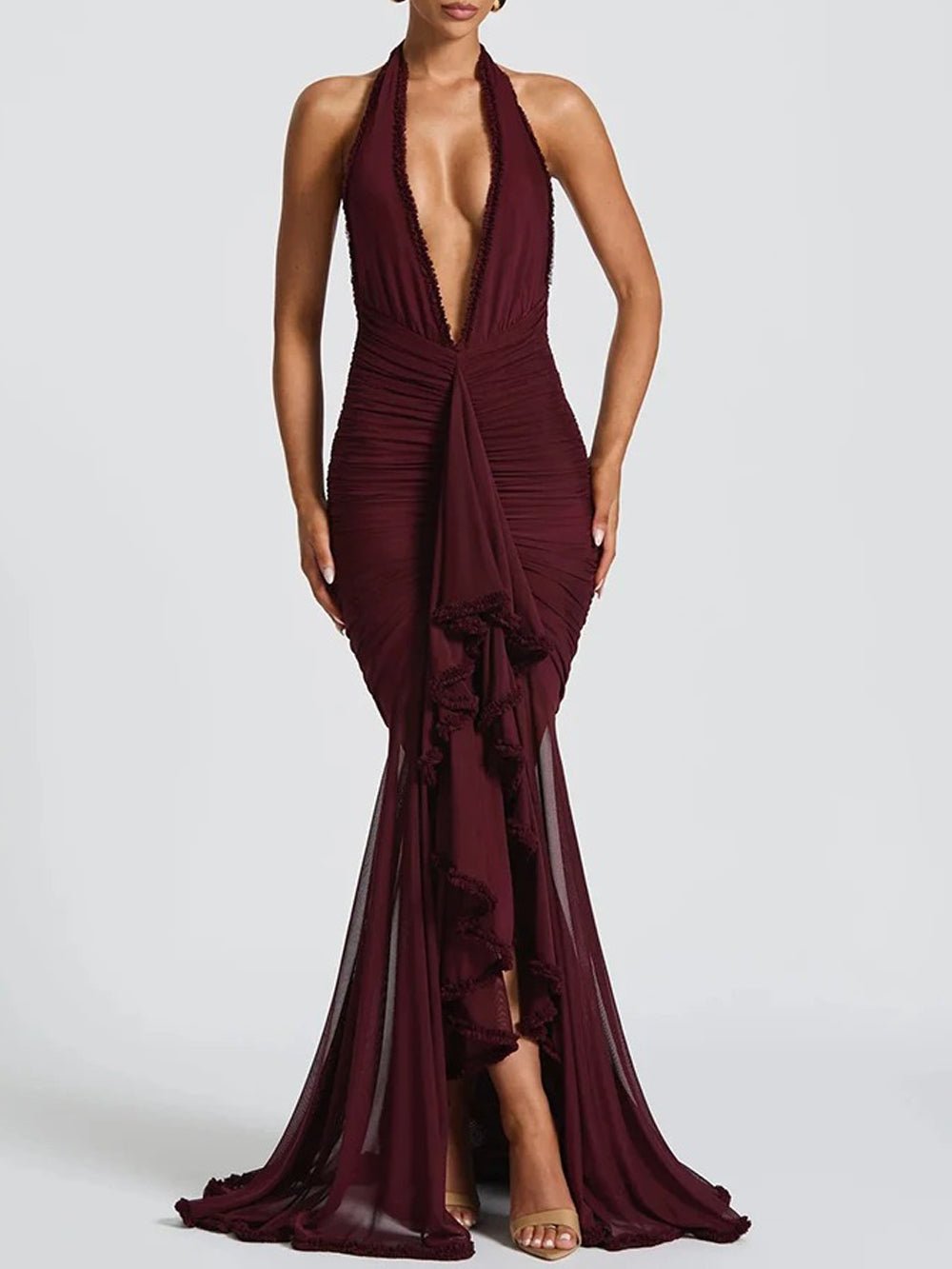 Red Halter Neck Deep V-Neck Ruched Mesh Skirt Cascade Ruffle Maxi Dress