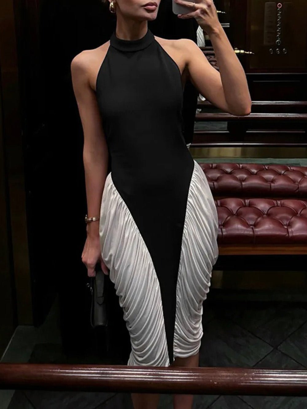 Black Mock Neck Halter Pleated Side Panel Bodycon Midi Dress