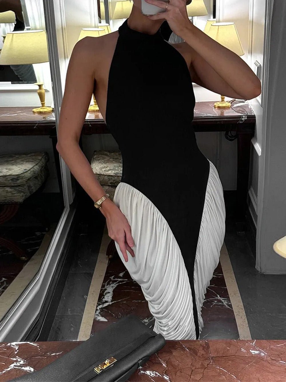 Black Mock Neck Halter Pleated Side Panel Bodycon Midi Dress