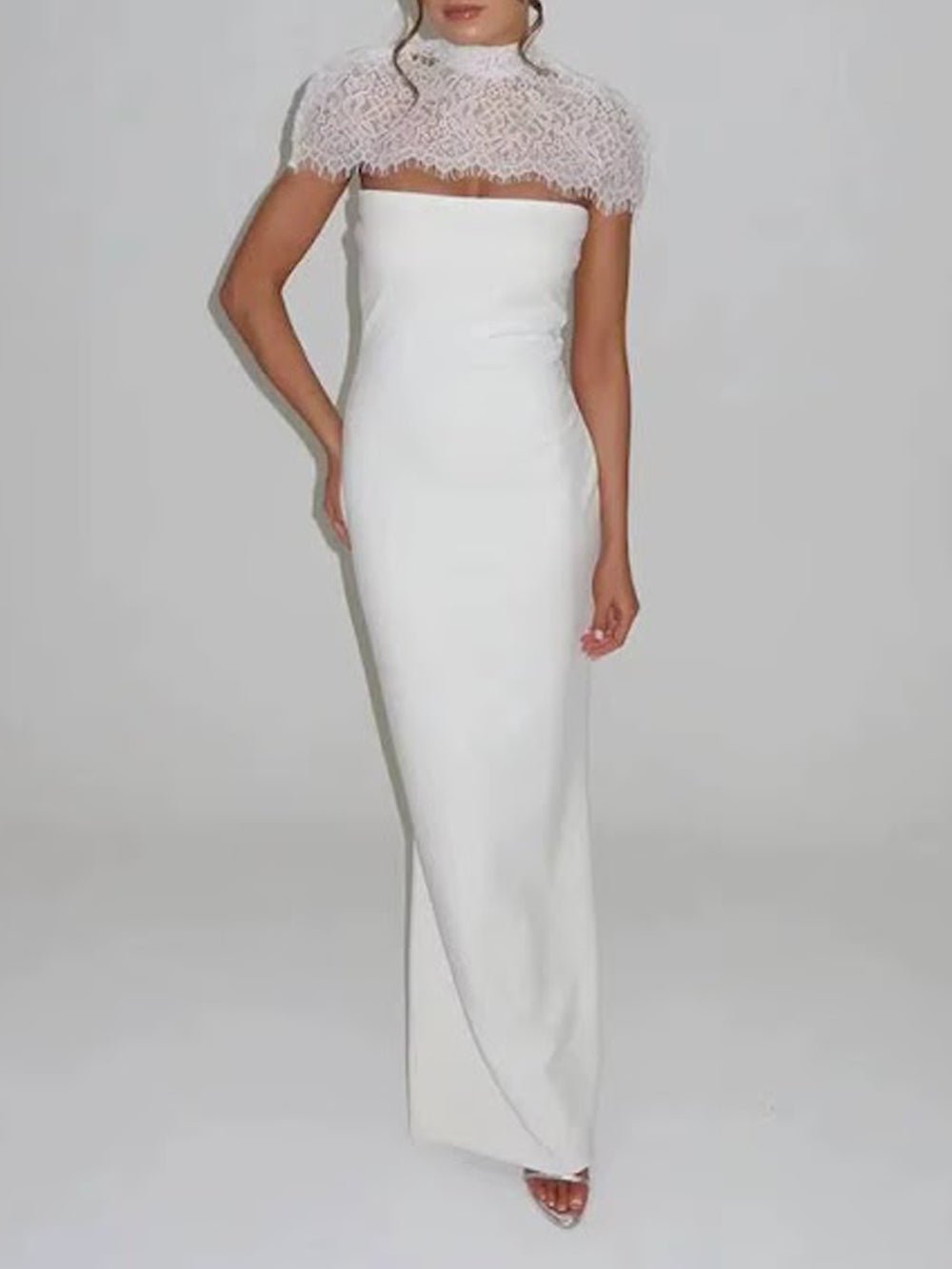 White Lace Mock Neck Cap Sleeve Scalloped Yoke Column Maxi Gown