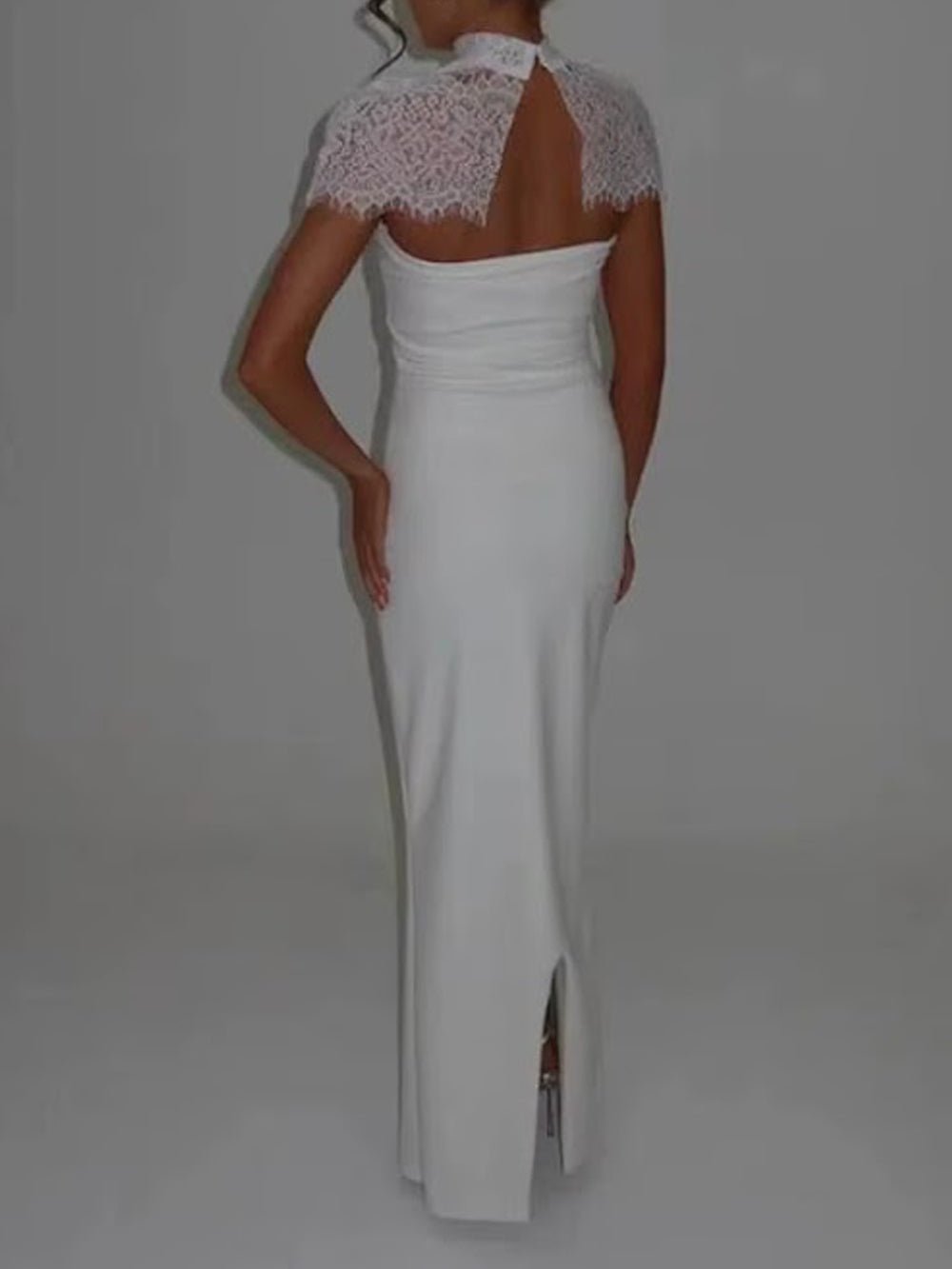 White Lace Mock Neck Cap Sleeve Scalloped Yoke Column Maxi Gown