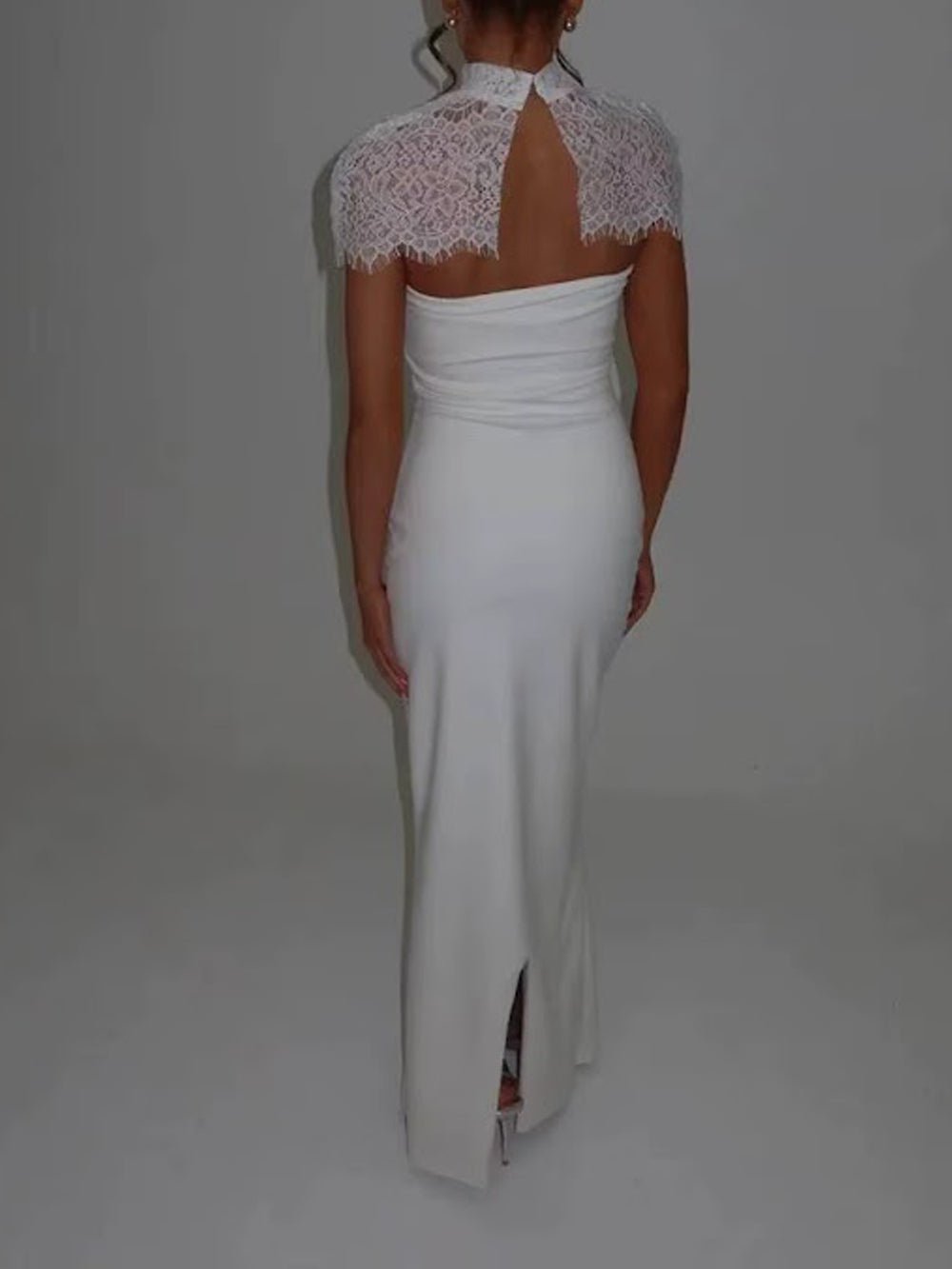 White Lace Mock Neck Cap Sleeve Scalloped Yoke Column Maxi Gown