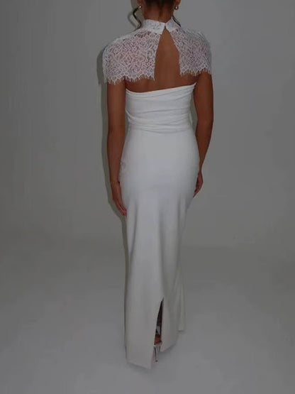 White Lace Mock Neck Cap Sleeve Scalloped Yoke Column Maxi Gown