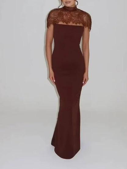 Brown Lace Mock Neck Cap Sleeve Scalloped Yoke Column Maxi Gown