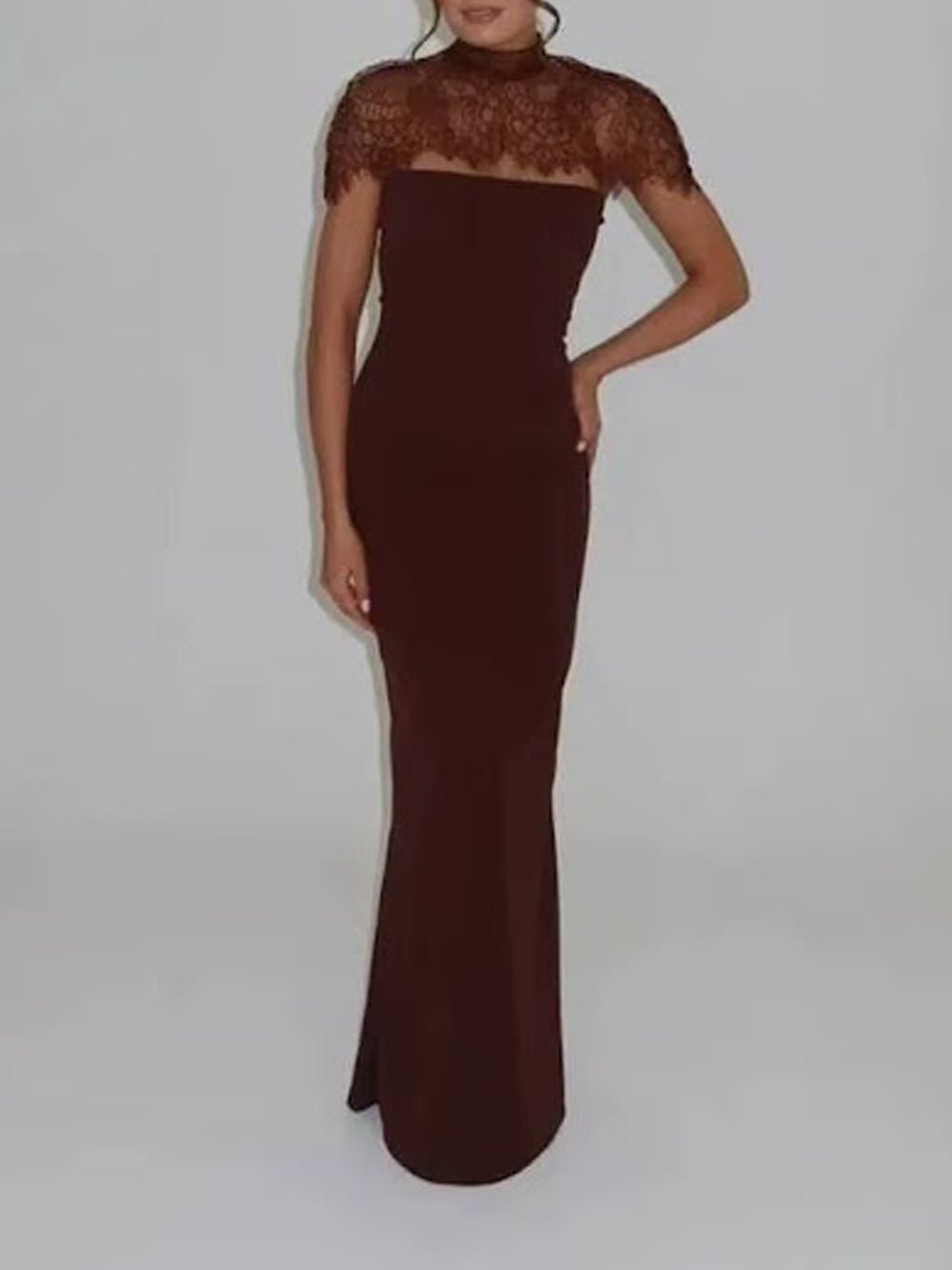 Brown Lace Mock Neck Cap Sleeve Scalloped Yoke Column Maxi Gown