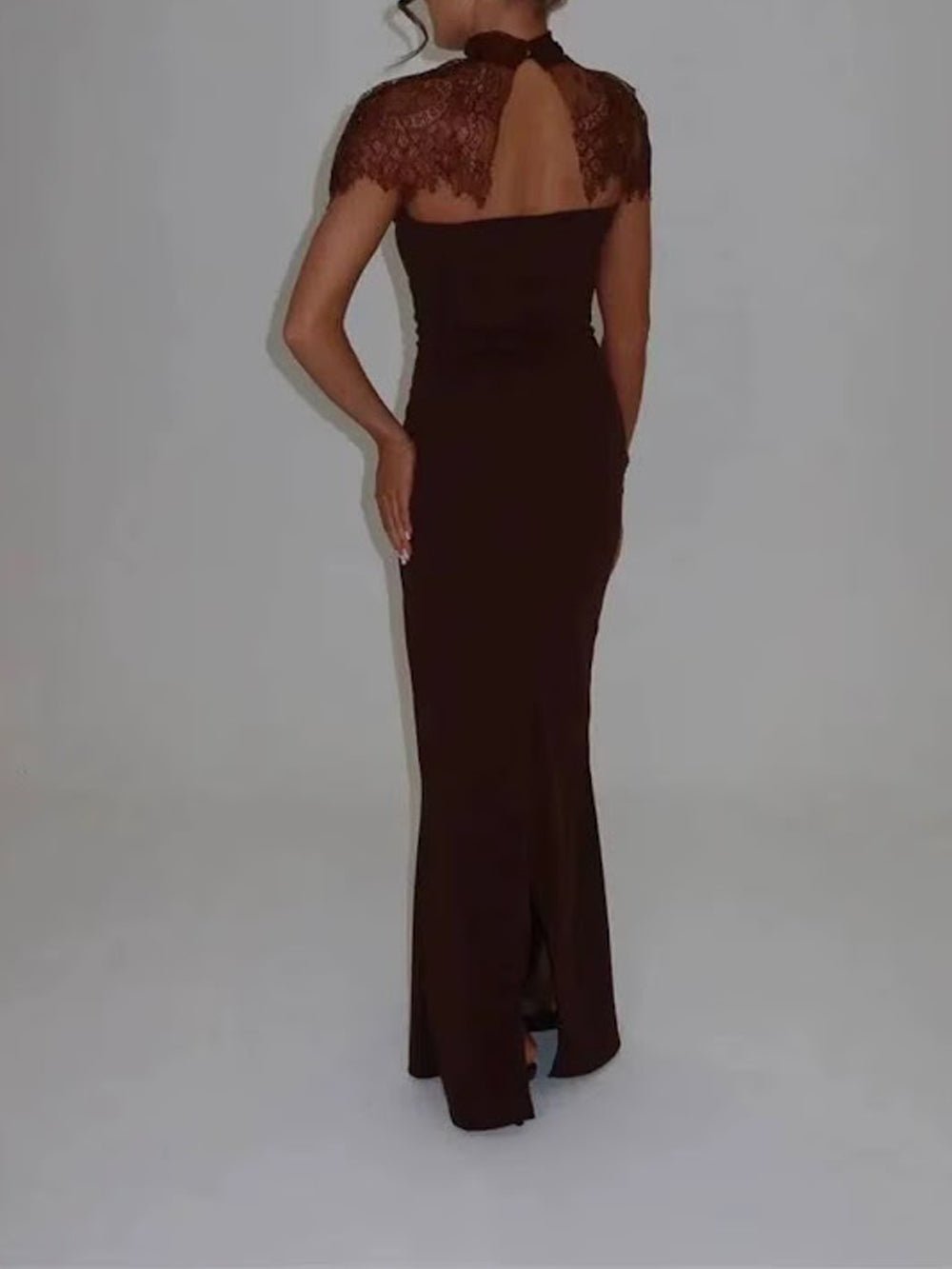 Brown Lace Mock Neck Cap Sleeve Scalloped Yoke Column Maxi Gown
