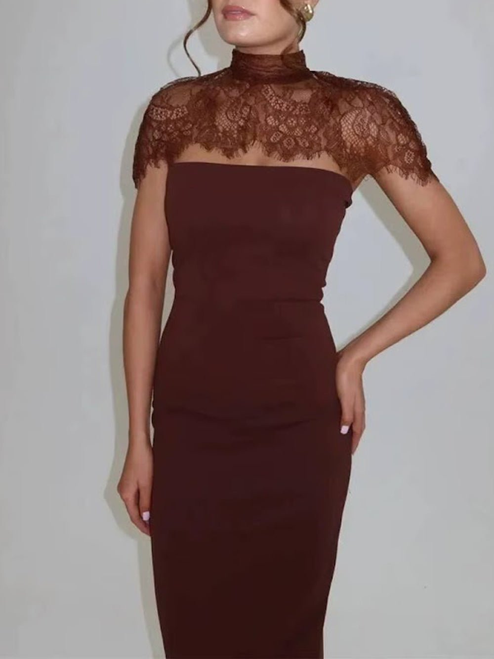 Brown Lace Mock Neck Cap Sleeve Scalloped Yoke Column Maxi Gown