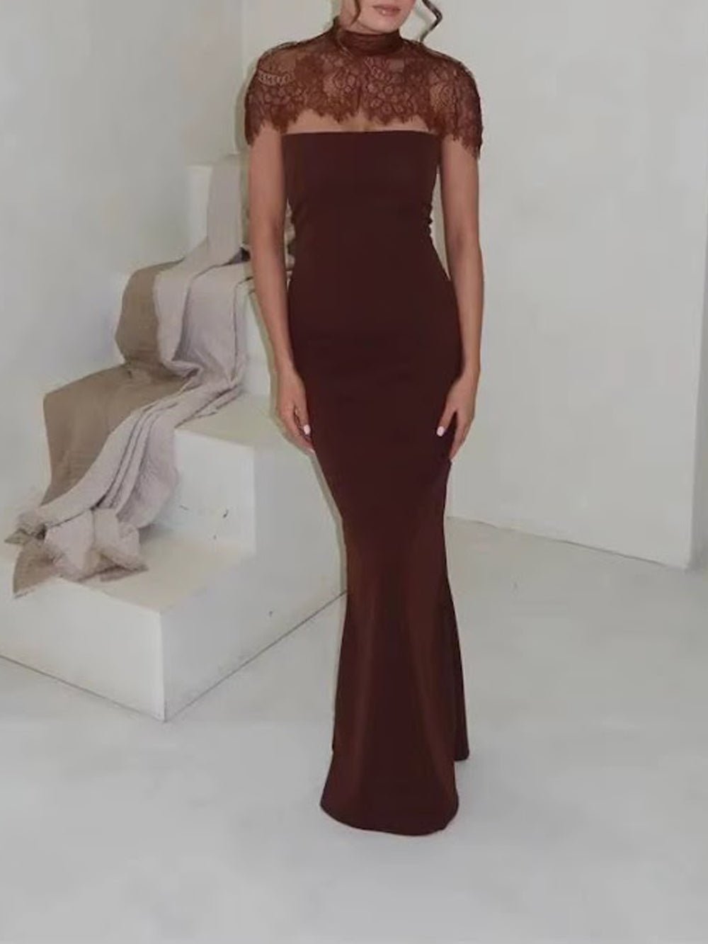 Brown Lace Mock Neck Cap Sleeve Scalloped Yoke Column Maxi Gown