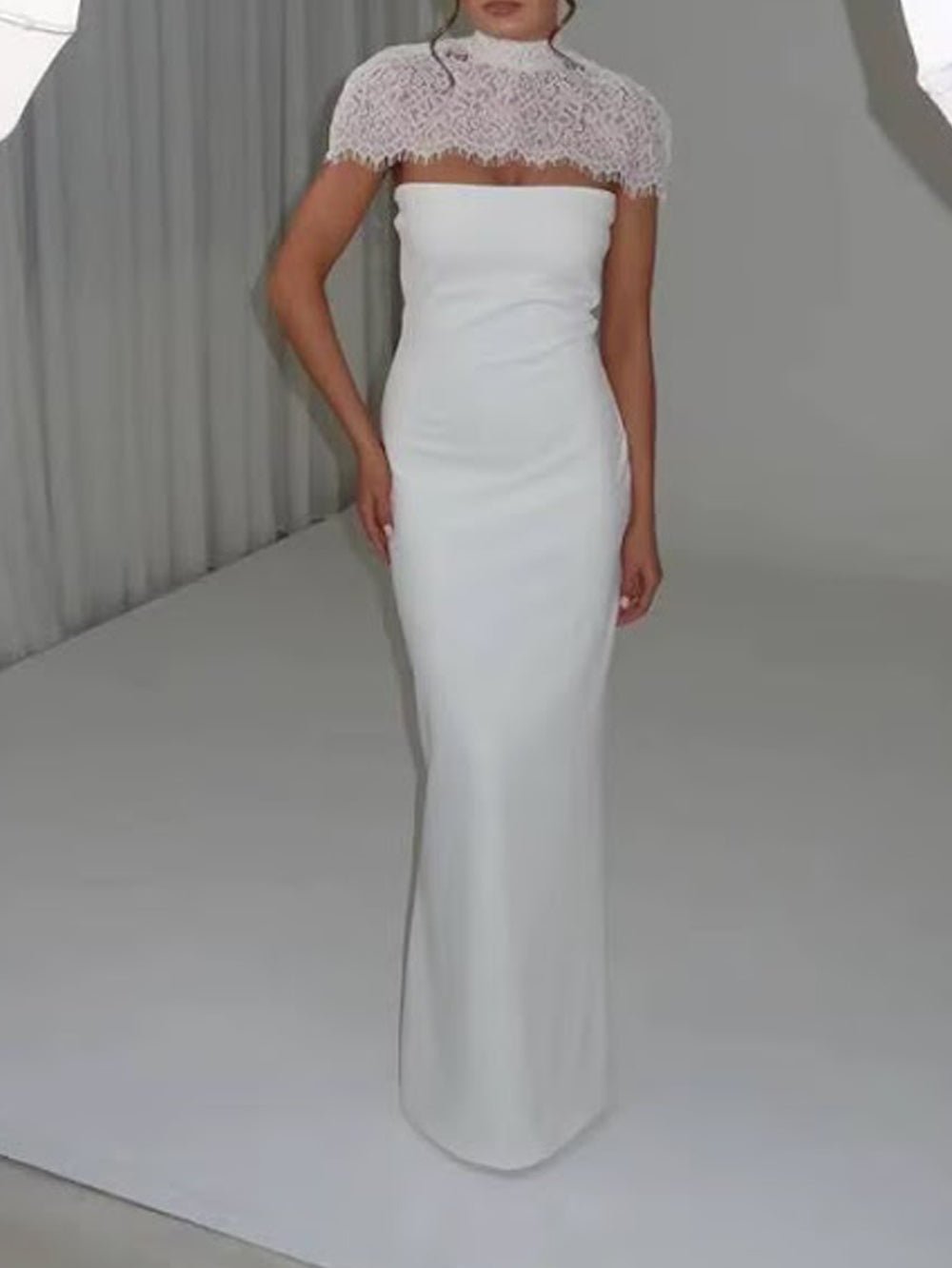 White Lace Mock Neck Cap Sleeve Scalloped Yoke Column Maxi Gown