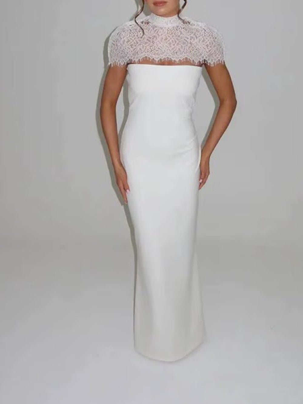 White Lace Mock Neck Cap Sleeve Scalloped Yoke Column Maxi Gown