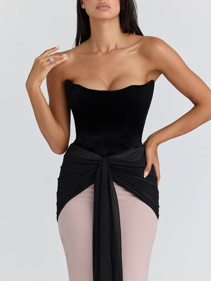 Pink Velvet Strapless Sweetheart Corset Waist Drape Mermaid Maxi Gown